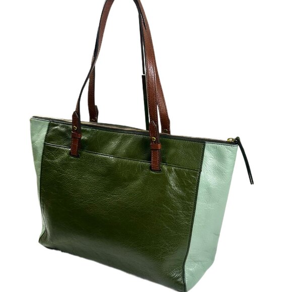 Fossil Classic Two-Tone Green Leather Tote – Genuine Leather – Pre-Owned - Picture 6 of 16
